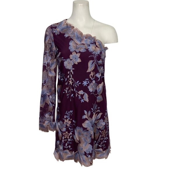 Free People Rosalie Embroidered Mini Dress 2 Wine Floral Lace One Shoulder Sexy - Picture 1 of 12